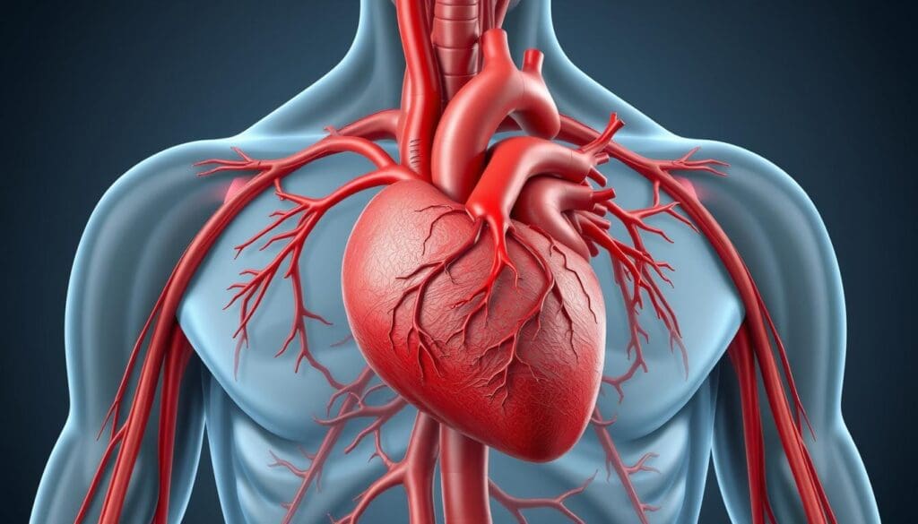 A detailed anatomical illustration of the human cardiovascular system, focused on the coronary arteries. The image should depict the heart in the center, with the major coronary arteries branching out from the aorta and wrapping around the heart's surface. Render the arteries in a vibrant red color, contrasting with the subdued grays and blues of the heart muscle and surrounding tissue. Emphasize the intricate network of vessels, highlighting the complex structure and potential points of blockage or disease. Use a clean, clinical lighting setup with soft shadows to accentuate the three-dimensional form. Present the image from a slightly elevated angle, allowing the viewer to clearly see the key anatomical features. The overall tone should be informative and educational, suitable for inclusion in a medical article on coronary artery disease.