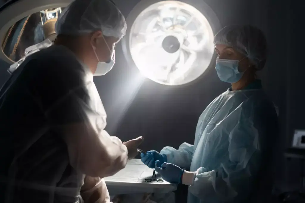 A dimly lit operating room, the origins of laparoscopic surgery. In the foreground, a surgeon meticulously manipulates a slender instrument through a small incision, guiding it with precision. The middle ground reveals the silhouettes of medical personnel, their focus intense as they monitor the procedure. In the background, the high-tech equipment, glowing screens, and the sterile, clinical atmosphere evoke a sense of innovation and progression. Soft, dramatic lighting casts shadows, highlighting the delicate nature of the operation. The composition emphasizes the technical complexity and the pioneering spirit that shaped the advent of this groundbreaking surgical approach.