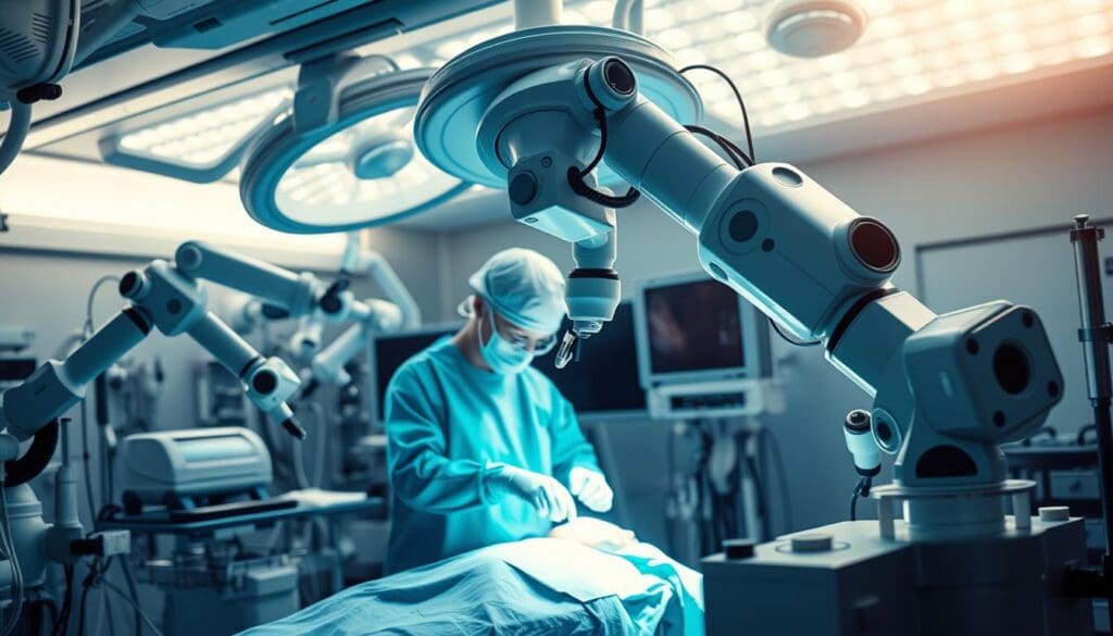 A high-tech operating room filled with gleaming robotic arms and medical equipment, bathed in a soft, sterile light. In the center, a surgeon skillfully manipulates the controls of a state-of-the-art surgical robot, guiding its precise movements as it performs a delicate procedure on a patient. The robot's articulated limbs and advanced sensors enable unparalleled precision and control, allowing the surgeon to navigate the complex anatomy with unwavering accuracy. The scene exudes a sense of confidence and innovation, showcasing the transformative power of robotics in the world of modern healthcare. A high-tech operating room filled with gleaming robotic arms and medical equipment, bathed in a soft, sterile light. In the center, a surgeon skillfully manipulates the controls of a state-of-the-art surgical robot, guiding its precise movements as it performs a delicate procedure on a patient. The robot's articulated limbs and advanced sensors enable unparalleled precision and control, allowing the surgeon to navigate the complex anatomy with unwavering accuracy. The scene exudes a sense of confidence and innovation, showcasing the transformative power of robotics in the world of modern healthcare.