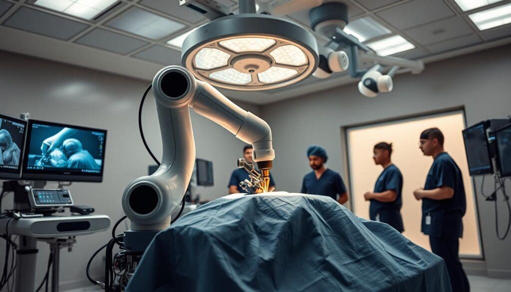 A state-of-the-art surgical robot performing a delicate procedure on a patient in a modern hospital operating room. The robotic arm is precisely maneuvering surgical instruments with unparalleled dexterity, while a team of medical professionals closely monitor the procedure on high-resolution displays. Bright, clean lighting illuminates the scene, casting subtle shadows that highlight the advanced technology at work. The atmosphere is one of cutting-edge innovation, as this robotic system seamlessly integrates with the medical team to deliver enhanced precision, safety, and patient outcomes. A state-of-the-art surgical robot performing a delicate procedure on a patient in a modern hospital operating room. The robotic arm is precisely maneuvering surgical instruments with unparalleled dexterity, while a team of medical professionals closely monitor the procedure on high-resolution displays. Bright, clean lighting illuminates the scene, casting subtle shadows that highlight the advanced technology at work. The atmosphere is one of cutting-edge innovation, as this robotic system seamlessly integrates with the medical team to deliver enhanced precision, safety, and patient outcomes.