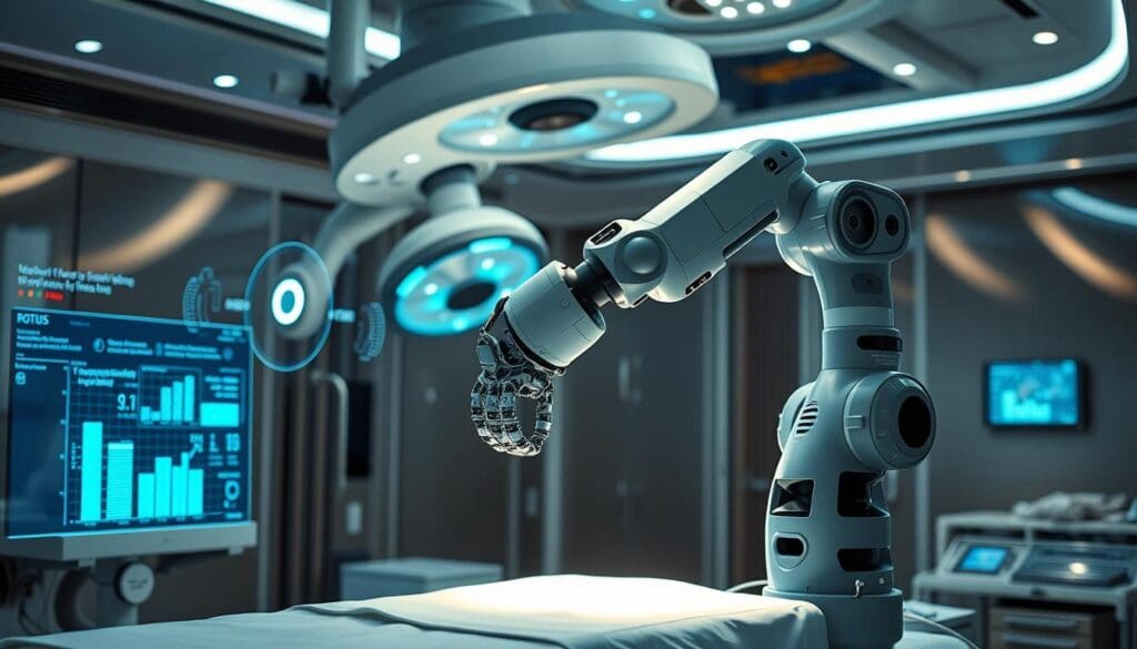 A high-tech surgical suite, bathed in the soft glow of precision lighting. A state-of-the-art robotic arm, its delicate movements guided by a skilled surgeon, performing a complex procedure with unparalleled accuracy. In the foreground, a holographic display showcases real-time data, providing vital insights to the medical team. The background features a sleek, futuristic aesthetic, with gleaming metal surfaces and a sense of technological sophistication. The scene exudes a calm, focused atmosphere, where cutting-edge robotics and human expertise seamlessly converge to deliver exceptional patient care.