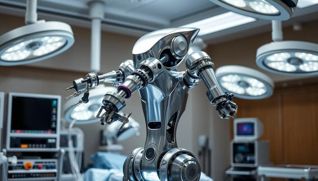 A sleek, chrome-plated surgical robot stands in a sterile, well-lit operating room. Its multiple articulated arms and precision instruments are poised, ready to perform complex procedures with unparalleled accuracy. The robot's advanced sensors and computer vision systems monitor the patient's vital signs and guide the delicate movements of the tools. Behind the robot, the room is filled with state-of-the-art medical equipment, creating an atmosphere of advanced technology and meticulous care. The lighting is soft yet focused, casting a glow that highlights the robotic system's gleaming surfaces and the surgeon's steady hands guiding its movements. This image conveys the power and precision of modern surgical robotics, transforming the operating room into a realm of unparalleled medical care.