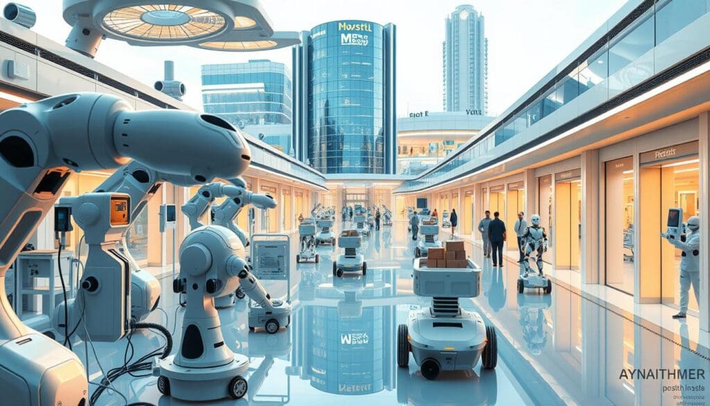 A sprawling healthcare robotics landscape with cutting-edge medical devices, automated surgical systems, and AI-powered exoskeletons. The foreground showcases sleek robotic arms performing intricate procedures, while in the middle ground, autonomous delivery bots ferry supplies through a bustling hospital corridor. The background depicts a futuristic medical facility, its gleaming facades and towering architecture signifying the rapid advancements transforming the healthcare industry. Warm, soft lighting illuminates the scene, conveying a sense of innovation, efficiency, and the seamless integration of technology and patient care. Realistic, high-definition photographic rendering.