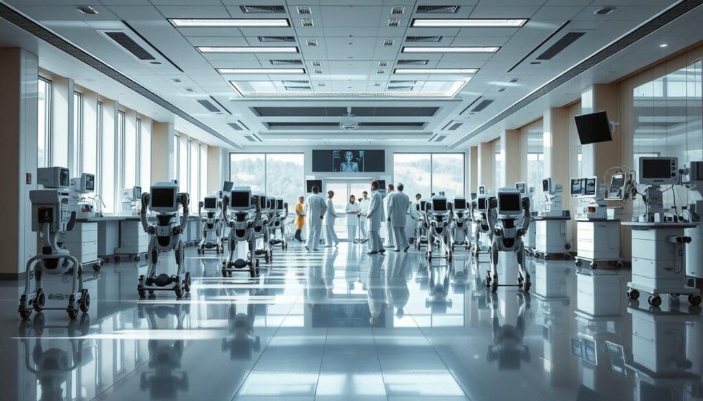 A sprawling medical facility, bathed in the soft glow of natural light filtering through floor-to-ceiling windows. In the foreground, a fleet of sleek, advanced medical robots glide effortlessly across the pristine linoleum floors, their sensors and robotic limbs carefully navigating the space. In the middle ground, a team of doctors and nurses collaborate with these cutting-edge machines, using their sophisticated capabilities to perform intricate procedures and provide enhanced patient care. The background showcases the latest medical technologies, from diagnostic imaging systems to state-of-the-art monitoring equipment, all seamlessly integrated to create a futuristic, yet functional healthcare environment.