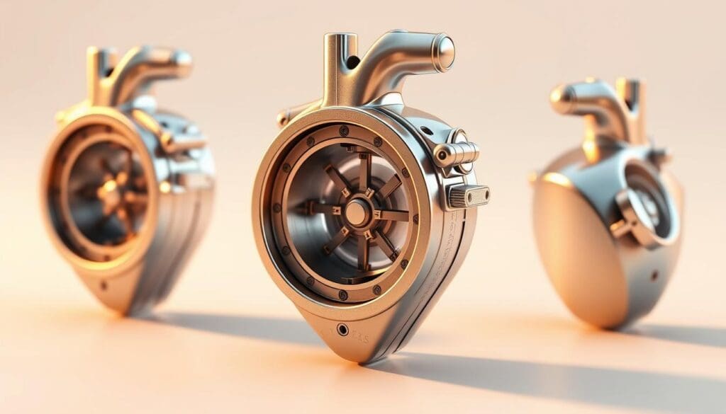 A highly detailed and scientifically accurate 3D render of a mechanical heart valve, showcasing its intricate metal structure and inner workings. The valve is depicted from multiple angles, with a crisp, high-resolution close-up view highlighting the precision engineering and robust design. The valve is bathed in warm, natural lighting, casting subtle shadows that accentuate its metallic sheen and convey a sense of technical sophistication. The background is a clean, neutral environment, allowing the mechanical heart valve to be the sole focus of attention, emphasizing its importance as a critical medical device. A highly detailed and scientifically accurate 3D render of a mechanical heart valve, showcasing its intricate metal structure and inner workings. The valve is depicted from multiple angles, with a crisp, high-resolution close-up view highlighting the precision engineering and robust design. The valve is bathed in warm, natural lighting, casting subtle shadows that accentuate its metallic sheen and convey a sense of technical sophistication. The background is a clean, neutral environment, allowing the mechanical heart valve to be the sole focus of attention, emphasizing its importance as a critical medical device.