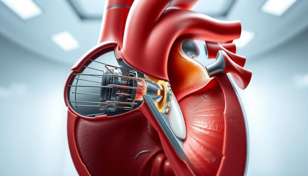 A detailed, cross-sectional diagram of a human heart valve replacement technology, showcasing its intricate mechanical and biological components. The foreground depicts the replacement valve itself, with its intricate metal struts and delicate tissue leaflets. The middle ground reveals the surgical implantation procedure, with the valve precisely positioned within the heart's native structure. The background features a clean, sterile medical environment, bathed in soft, directional lighting that highlights the precision engineering and advanced medical techniques involved. Conveying a sense of technical sophistication and life-saving innovation, this image aims to educate and inform readers about the latest advancements in heart valve replacement therapies. A detailed, cross-sectional diagram of a human heart valve replacement technology, showcasing its intricate mechanical and biological components. The foreground depicts the replacement valve itself, with its intricate metal struts and delicate tissue leaflets. The middle ground reveals the surgical implantation procedure, with the valve precisely positioned within the heart's native structure. The background features a clean, sterile medical environment, bathed in soft, directional lighting that highlights the precision engineering and advanced medical techniques involved. Conveying a sense of technical sophistication and life-saving innovation, this image aims to educate and inform readers about the latest advancements in heart valve replacement therapies.