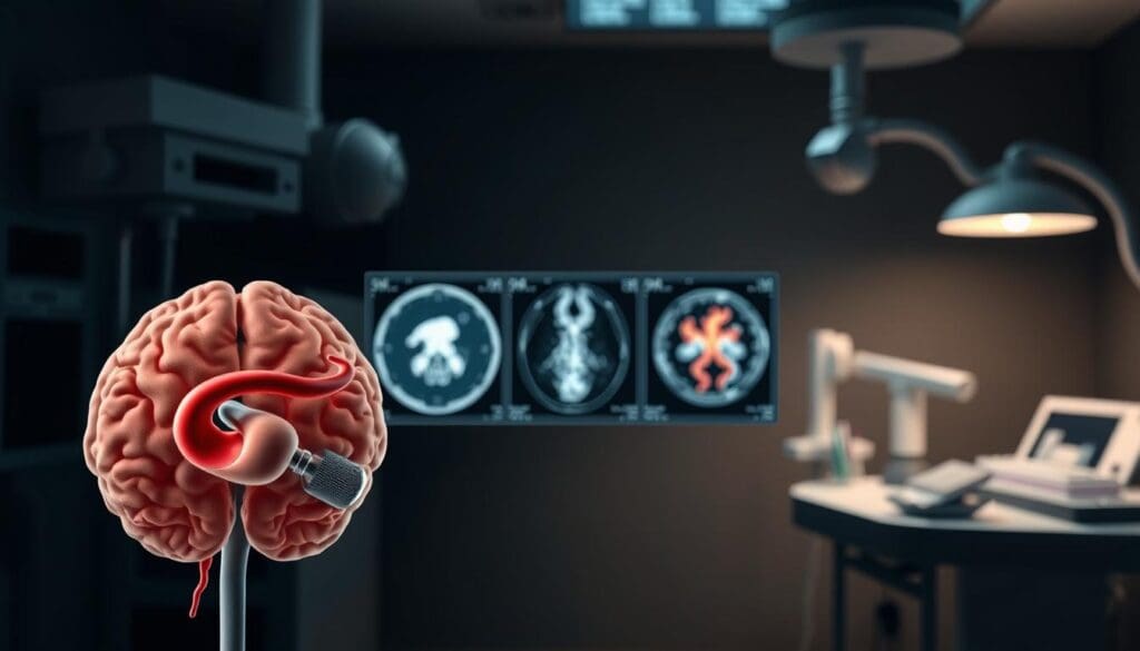A detailed medical diagram showcasing the diagnosis of a brain aneurysm. In the foreground, a cross-sectional view of the human brain, with a prominent blood vessel highlighted, indicating the location of the aneurysm. The middle ground features various imaging modalities, such as a CT scan, MRI, and angiogram, providing clear visualizations of the abnormal blood vessel. The background depicts a dimly lit, clinical environment, with medical equipment and tools suggesting a diagnostic setting. Soft, directional lighting accentuates the technical details, creating a sense of depth and realism. The overall atmosphere conveys a thoughtful, educational tone suitable for a medical article on brain aneurysm diagnosis.