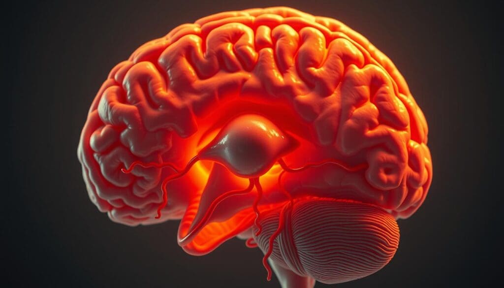 Detailed cross-section of a human brain, showcasing the intricate structure of a cerebral aneurysm. The aneurysm is prominently displayed, with its characteristic bulge and thin, weakened arterial wall. The brain tissue surrounding the aneurysm is rendered with precision, highlighting the delicate neural pathways and blood vessels. Warm, soft lighting illuminates the scene, creating a sense of depth and volume. The image is captured from a slightly elevated angle, allowing the viewer to examine the aneurysm from an informative perspective. The overall tone is clinical yet compelling, designed to educate and inform the audience about the nature of this critical medical condition.