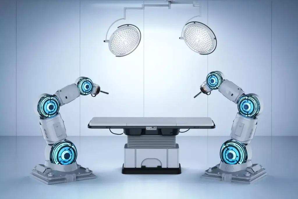 a highly detailed and photorealistic digital illustration of a laparoscopic robot, shown in a well-lit and clean surgical environment. The robot is centered in the frame, with a sleek, angular design in shades of silver and gray. It has multiple articulated arms and a camera system, conveying its advanced capabilities for minimally invasive surgical procedures. The background features sterile medical equipment and a neutral, clinical atmosphere, emphasizing the robot's role in a high-tech medical setting. The lighting is bright and diffuse, creating defined shadows and highlights that accentuate the robot's form and intricate components. The overall impression is one of cutting-edge technology and precision, reflecting the sophistication of laparoscopic robotic systems.