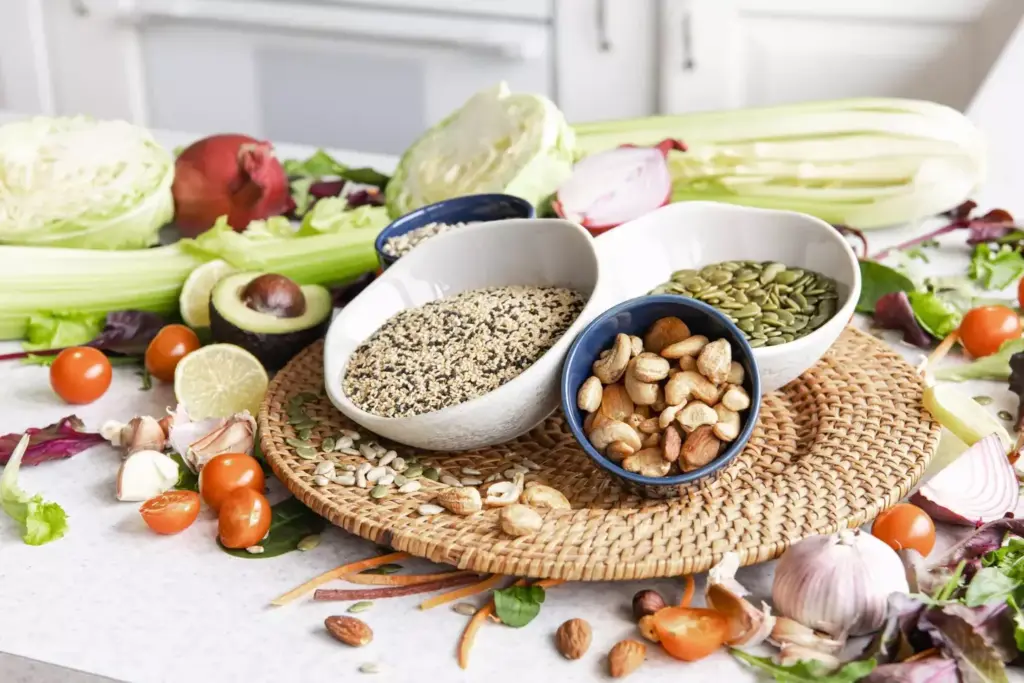 A tasteful spread of wholesome foods on a rustic wooden table, illuminated by warm natural lighting. In the foreground, a variety of fresh vegetables, lean proteins, and whole grains arranged artfully. In the middle ground, a few glass jugs containing hydrating fluids and probiotic-rich drinks. The background depicts a soothing, earthy atmosphere with hints of greenery, creating a calming, nurturing scene that embodies the principles of a post-prostatectomy diet - nourishing, rejuvenating, and conducive to a speedy recovery. A tasteful spread of wholesome foods on a rustic wooden table, illuminated by warm natural lighting. In the foreground, a variety of fresh vegetables, lean proteins, and whole grains arranged artfully. In the middle ground, a few glass jugs containing hydrating fluids and probiotic-rich drinks. The background depicts a soothing, earthy atmosphere with hints of greenery, creating a calming, nurturing scene that embodies the principles of a post-prostatectomy diet - nourishing, rejuvenating, and conducive to a speedy recovery.