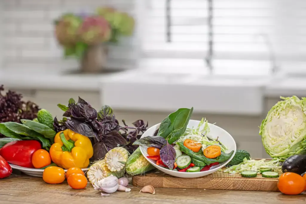 A bright, warm-toned kitchen scene. In the foreground, a wooden table laden with a variety of nourishing foods - leafy greens, colorful fruits, whole grains, and lean proteins. Mid-ground, a chef in a crisp white apron carefully arranges the ingredients, their face reflecting a sense of care and purpose. The background features sunlit windows overlooking a lush garden, symbolizing the restorative power of nature. Soft, diffused lighting casts a gentle glow, creating an atmosphere of healing and renewal. The composition conveys a holistic approach to post-prostatectomy nutrition, highlighting the integral role of wholesome, carefully prepared meals in the recovery process.