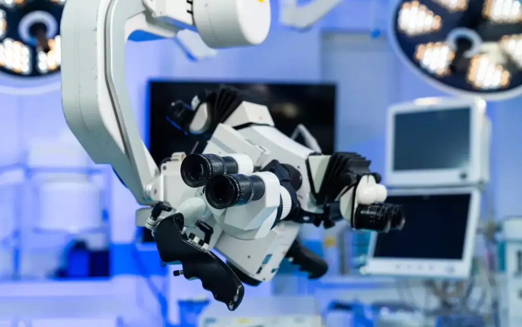 A sleek, stainless steel control panel for the da Vinci Surgical System. Precisely arranged buttons, knobs, and touch screens illuminate the technological sophistication of this robotic platform. The panel is bathed in a cool, blue-tinted light, creating a modern, clinical atmosphere. Intricate circuits and components are visible through transparent panels, showcasing the advanced engineering. The layout is intuitive and ergonomic, designed to facilitate the surgeon's precise control and seamless interaction with the robot's movements. Viewed from a slightly elevated angle, the controls appear both powerful and approachable, reflecting the innovative technology that empowers the da Vinci robot's exceptional precision and safety.