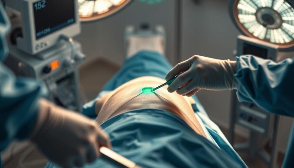 A high-resolution, photorealistic image of a modern laser prostate surgery procedure, captured from an overhead angle. The scene depicts a surgical team performing a minimally invasive prostatectomy, utilizing a state-of-the-art green-light laser system. The patient is positioned on the operating table, with the surgeon's hands visible as they delicately manipulate the laser probe, precisely targeting the prostate gland. The operating room is well-lit, with crisp, clean medical equipment in the foreground and a blurred background showcasing the advanced medical technology and sterile environment. The mood is one of clinical precision and professionalism, conveying the expertise required for this complex procedure.