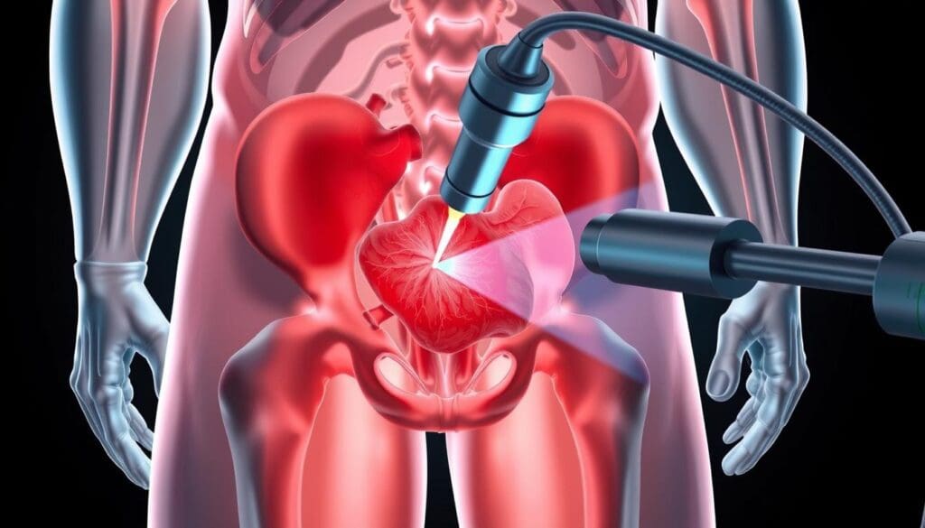 A detailed medical illustration of the human male pelvis, showcasing the inner workings of the prostate gland and the application of a GreenLight laser for the treatment of Benign Prostatic Hyperplasia (BPH). The scene depicts the procedure in a well-lit, surgical environment, with the laser instrument precisely focused on the enlarged prostate tissue. The image should convey a sense of professionalism, technical precision, and the therapeutic benefits of this minimally invasive treatment for relieving urinary symptoms associated with BPH.