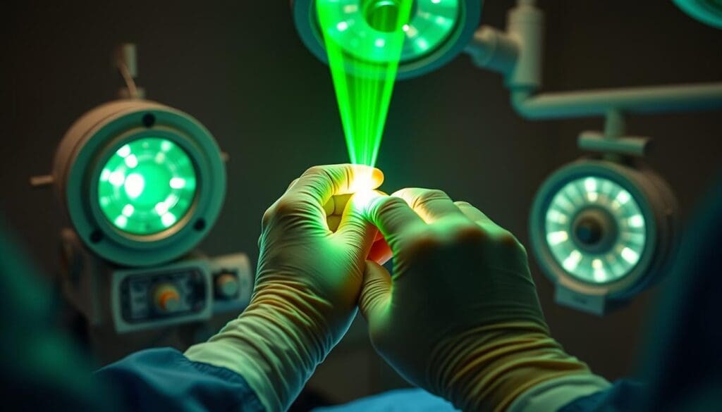 A close-up view of a surgeon's hands performing a minimally invasive green light laser transurethral resection of the prostate (TURP) procedure. The laser emits a bright emerald green beam of light that precisely vaporizes excess prostate tissue, while a high-magnification camera provides a detailed view of the surgical site. The procedure is carried out in a well-lit, sterile operating room environment, with state-of-the-art medical equipment and instruments visible in the background. The scene conveys a sense of technical expertise, medical professionalism, and patient care.