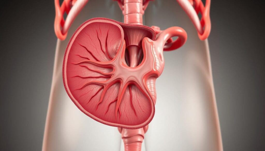 A cross-sectional view of the human prostate gland, rendered in a realistic photorealistic style. The foreground depicts the intricate anatomical structure, showcasing the glandular tissues, ducts, and capsule in vivid detail. The middle ground highlights the surrounding tissues, including the bladder, seminal vesicles, and pelvic musculature, providing context for the prostate's position and relationship to neighboring organs. The background is a softly blurred, neutral environment, allowing the subject to take center stage. The lighting is natural and evenly distributed, accentuating the textures and subtle variations in the prostate's anatomy. The overall composition is carefully balanced, creating a visually striking and informative representation of the prostate gland.