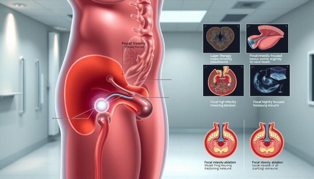 A detailed medical illustration depicting common prostate rejuvenation techniques. The foreground shows the human pelvic area with a cutaway view revealing the prostate gland. Various treatment modalities are illustrated, such as laser therapy, radiofrequency ablation, and focal high-intensity focused ultrasound. The middle ground showcases detailed anatomical cross-sections highlighting prostate structures and the surrounding tissues. The background features a clean, minimalist medical environment with subtle lighting to emphasize the technical aspects. The overall tone is educational, clinical, and scientifically accurate, suitable for a medical journal article.