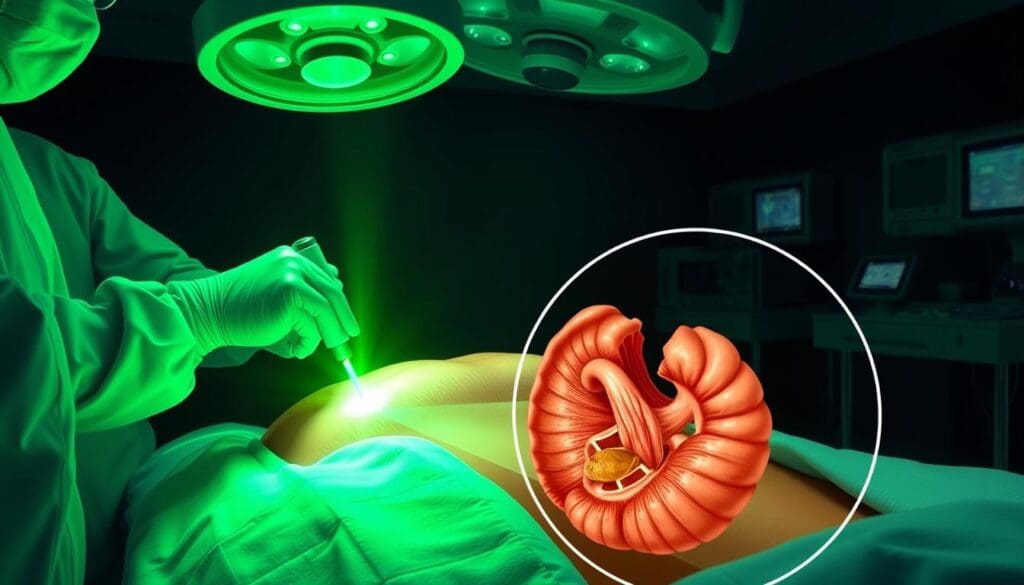 A detailed medical illustration depicting a green-tinged endoscopic prostatectomy procedure. The scene shows a surgical table with the patient's lower abdomen exposed, surrounded by a team of medical professionals in sterile garments. In the foreground, the surgeon manipulates a specialized laser device, emitting a brilliant green glow, as they carefully remove the enlarged prostate tissue. The mid-ground reveals a clear view of the surgical site, showcasing the intricate anatomy and the precision of the procedure. The background is dimly lit, with medical equipment and monitoring devices visible, creating a clinical atmosphere. The lighting is carefully balanced, casting subtle shadows and highlights to convey the gravity and technical nature of the "Green Light Prostatectomy" procedure.