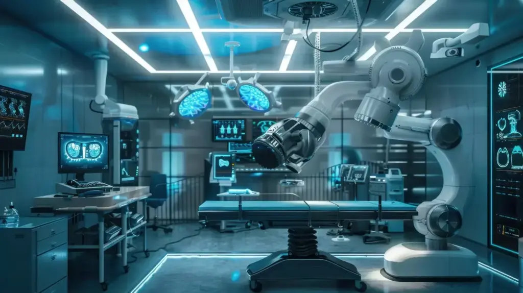 An operating room setting with a minimally invasive robotic surgical system, such as the Da Vinci, prominently displayed in the foreground. The robot's articulated arms and delicate instruments convey the precision and control of the procedure. In the middle ground, a floating translucent diagram illustrates the key benefits of a robotic hysterectomy, such as smaller incisions, reduced blood loss, and faster recovery times. The background features a dimly lit, sterile environment with medical equipment and monitors, creating a sense of advanced medical technology. Soft blue and green hues predominate, suggesting the calming atmosphere of a state-of-the-art surgical suite. An operating room setting with a minimally invasive robotic surgical system, such as the Da Vinci, prominently displayed in the foreground. The robot's articulated arms and delicate instruments convey the precision and control of the procedure. In the middle ground, a floating translucent diagram illustrates the key benefits of a robotic hysterectomy, such as smaller incisions, reduced blood loss, and faster recovery times. The background features a dimly lit, sterile environment with medical equipment and monitors, creating a sense of advanced medical technology. Soft blue and green hues predominate, suggesting the calming atmosphere of a state-of-the-art surgical suite.