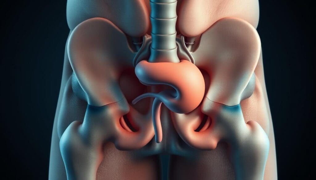 A detailed cross-section of the male pelvic region, showcasing the prostate gland in a state of benign prostatic hyperplasia (BPH). The image should depict the enlarged prostate compressing the urethra, causing urinary difficulties. Render the anatomy with scientific accuracy, using a muted color palette of blues, grays, and subtle skin tones to convey a clinical, diagnostic atmosphere. Utilize crisp, high-resolution photographic realism, with a shallow depth of field to focus attention on the prostate. Provide a clear, unobstructed view of the affected area, allowing the viewer to understand the condition and its impact on the urinary system.