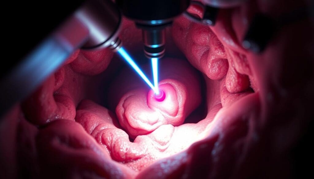 A close-up view of a minimally invasive laser surgical procedure, showcasing the precise vaporization of prostate tissue. The surgical field is illuminated by a powerful laser beam, precisely targeting and ablating the obstructive prostatic tissue. The procedure is performed through a slender endoscopic instrument, allowing for a delicate and controlled removal of the enlarged prostate without the need for open surgery. The scene conveys a sense of medical innovation, with the laser's intense light casting dramatic shadows and highlights on the surrounding anatomy. The overall mood is one of technical precision and therapeutic efficacy, reflecting the revolutionary impact of this advanced treatment for benign prostatic hyperplasia. A close-up view of a minimally invasive laser surgical procedure, showcasing the precise vaporization of prostate tissue. The surgical field is illuminated by a powerful laser beam, precisely targeting and ablating the obstructive prostatic tissue. The procedure is performed through a slender endoscopic instrument, allowing for a delicate and controlled removal of the enlarged prostate without the need for open surgery. The scene conveys a sense of medical innovation, with the laser's intense light casting dramatic shadows and highlights on the surrounding anatomy. The overall mood is one of technical precision and therapeutic efficacy, reflecting the revolutionary impact of this advanced treatment for benign prostatic hyperplasia.