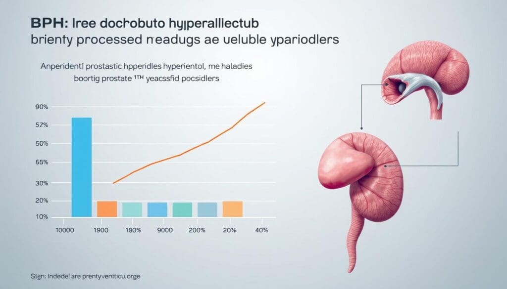 A vibrant, realistic diagram depicting the prevalence of benign prostatic hyperplasia (BPH) among men over 50 years of age. The image should feature a clear, well-labeled chart or graph illustrating the statistical data, set against a neutral, clinical background. Utilize a cool, subdued color palette to convey the medical nature of the subject matter. Incorporate detailed anatomical illustrations of the prostate gland to provide necessary context. The overall composition should be visually engaging yet informative, designed to effectively communicate the growing problem of BPH to the viewer. A vibrant, realistic diagram depicting the prevalence of benign prostatic hyperplasia (BPH) among men over 50 years of age. The image should feature a clear, well-labeled chart or graph illustrating the statistical data, set against a neutral, clinical background. Utilize a cool, subdued color palette to convey the medical nature of the subject matter. Incorporate detailed anatomical illustrations of the prostate gland to provide necessary context. The overall composition should be visually engaging yet informative, designed to effectively communicate the growing problem of BPH to the viewer.