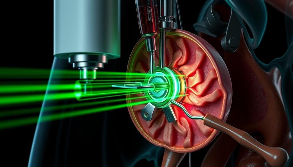 A detailed cross-section of a green light laser prostatectomy mechanism, showcasing the intricate components and their precise interactions. The scene depicts a highly technical and surgical aesthetic, with a focus on the laser system, optical fibers, and the anatomical structures of the prostate gland. Rendered in a crisp, high-resolution photorealistic style, the image conveys a sense of clinical precision and scientific understanding, suitable for illustrating the technical details of this medical procedure.