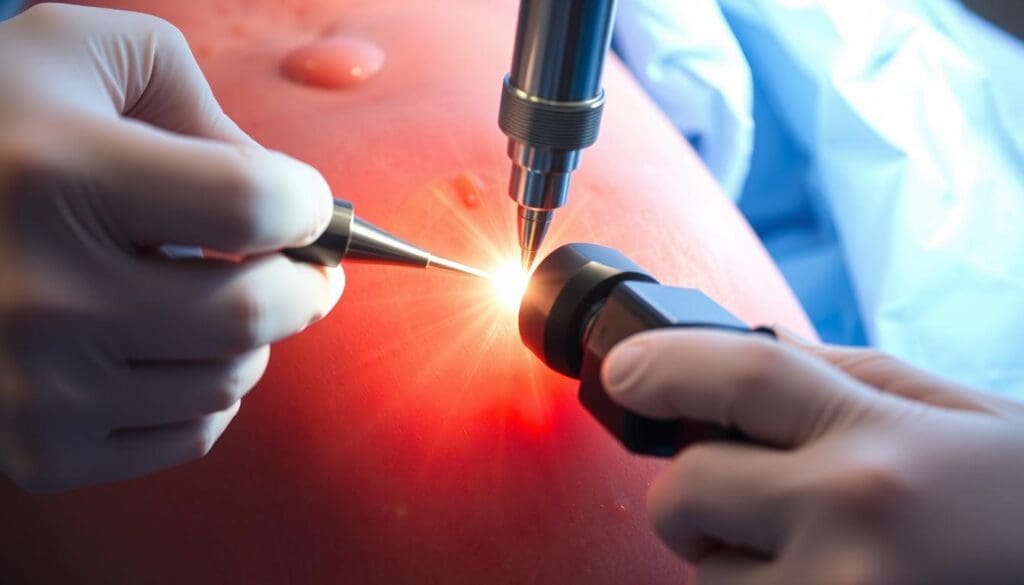 A detailed close-up of a laser prostate surgery procedure, showcasing the precise and focused beam of light precisely targeting the enlarged prostate gland. The surgical field is well-lit, providing a clear view of the delicate operation. The surgeon's hands manipulate the specialized laser instrument with exceptional control, while the patient's anatomy is visible in the background, creating a sense of clinical professionalism. The image conveys a sense of technological advancement and medical expertise, capturing the essence of this minimally invasive treatment for benign prostatic hyperplasia.