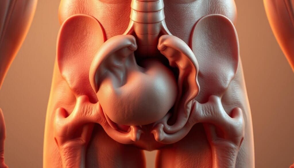 Detailed anatomical cross-section of the male pelvis, featuring a substantially enlarged prostate gland pressing against the urethra, causing Benign Prostatic Hyperplasia (BPH). Render in high-resolution, photorealistic style with precise anatomical accuracy. The prostate should dominate the midground, surrounded by the bladder, rectum, and other pelvic structures in the foreground and background. Employ warm, neutral lighting to create a clinical yet natural atmosphere, conveying the medical nature of the subject matter. Avoid overly graphic or gory elements, maintaining a scientific and educational tone suitable for a medical illustration.