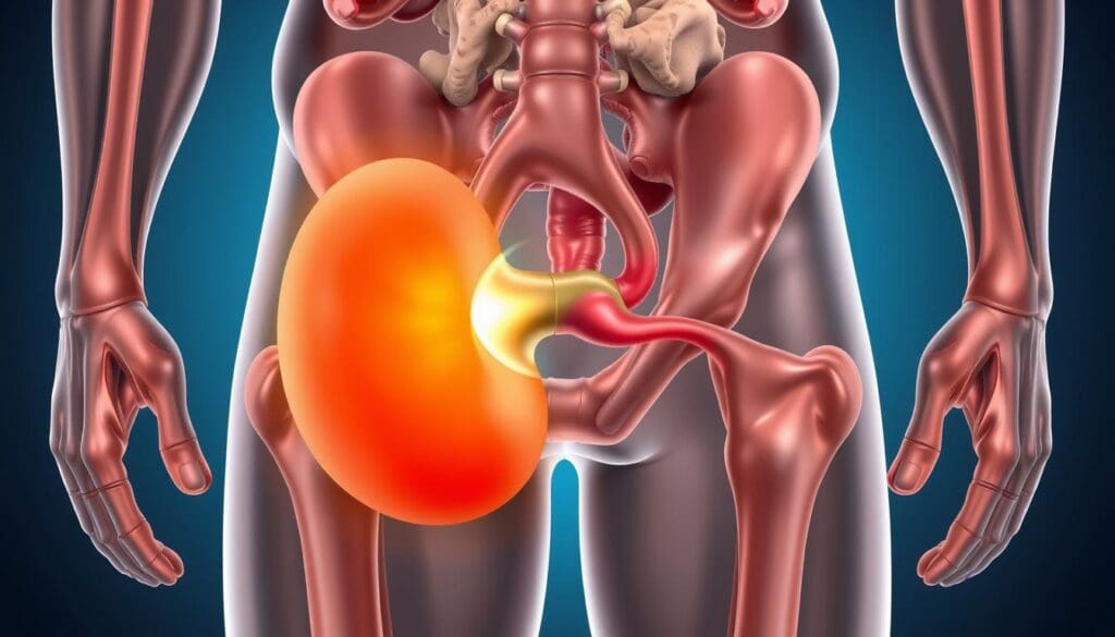 A detailed, high-resolution medical illustration showcasing the symptoms of benign prostatic hyperplasia (BPH). The image should depict the enlarged prostate gland pressing against the urethra, obstructing urine flow and causing urinary difficulties. The illustration should be rendered in a precise, anatomical style with a focus on accurately depicting the pathological changes in the prostate. The lighting should be soft and even, with a neutral color palette to emphasize the clinical nature of the subject matter. The composition should provide a clear, unobstructed view of the relevant anatomical structures, allowing the viewer to easily understand the condition and its impact. A detailed, high-resolution medical illustration showcasing the symptoms of benign prostatic hyperplasia (BPH). The image should depict the enlarged prostate gland pressing against the urethra, obstructing urine flow and causing urinary difficulties. The illustration should be rendered in a precise, anatomical style with a focus on accurately depicting the pathological changes in the prostate. The lighting should be soft and even, with a neutral color palette to emphasize the clinical nature of the subject matter. The composition should provide a clear, unobstructed view of the relevant anatomical structures, allowing the viewer to easily understand the condition and its impact.