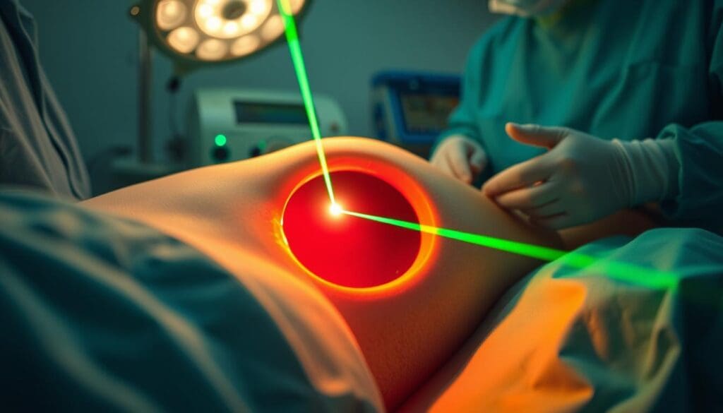 A close-up view of a green laser beam shining through the urethra during a minimally invasive prostate surgery. The laser is precisely focused on the prostate tissue, vaporizing it with intense heat to relieve urinary symptoms. The patient is lying on an operating table, surrounded by advanced medical equipment and surgical staff in sterile attire. Soft, diffused lighting illuminates the scene, creating a clinical yet calming atmosphere. The composition emphasizes the delicate, technical nature of the procedure, showcasing the latest advancements in laser technology for prostate treatment.