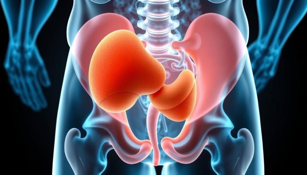 A detailed cross-section illustration of the male pelvic region, showcasing the enlarged prostate gland characteristic of Benign Prostatic Hyperplasia (BPH). The prostate is rendered in warm, natural tones, contrasting with the cooler blues and grays of the surrounding anatomy. The image depicts the prostate's increased volume and its impact on the nearby urinary tract, providing a clear visual representation of this common age-related condition. The lighting is soft and even, illuminating the intricate structures with a sense of scientific clarity. The perspective is angled to provide an optimal view of the prostate's enlargement, allowing for easy understanding of the disorder's manifestation.