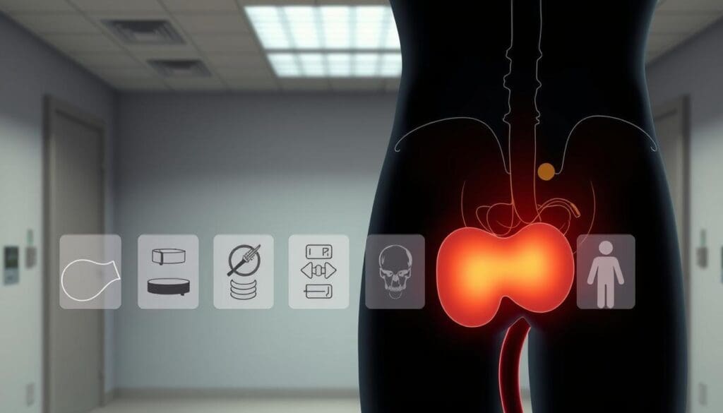 A well-lit medical illustration depicting various enlarged prostate treatment options. In the foreground, a cross-sectional diagram of the male pelvic region showcases the enlarged prostate gland. In the middle ground, a series of detailed icons or silhouettes representing common treatment modalities such as medication, minimally invasive procedures, and surgical interventions. The background features a clean, neutral medical environment with muted colors to maintain focus on the central subject matter. The overall mood is informative and educational, designed to visually communicate the range of available options for managing an enlarged prostate condition. A well-lit medical illustration depicting various enlarged prostate treatment options. In the foreground, a cross-sectional diagram of the male pelvic region showcases the enlarged prostate gland. In the middle ground, a series of detailed icons or silhouettes representing common treatment modalities such as medication, minimally invasive procedures, and surgical interventions. The background features a clean, neutral medical environment with muted colors to maintain focus on the central subject matter. The overall mood is informative and educational, designed to visually communicate the range of available options for managing an enlarged prostate condition.