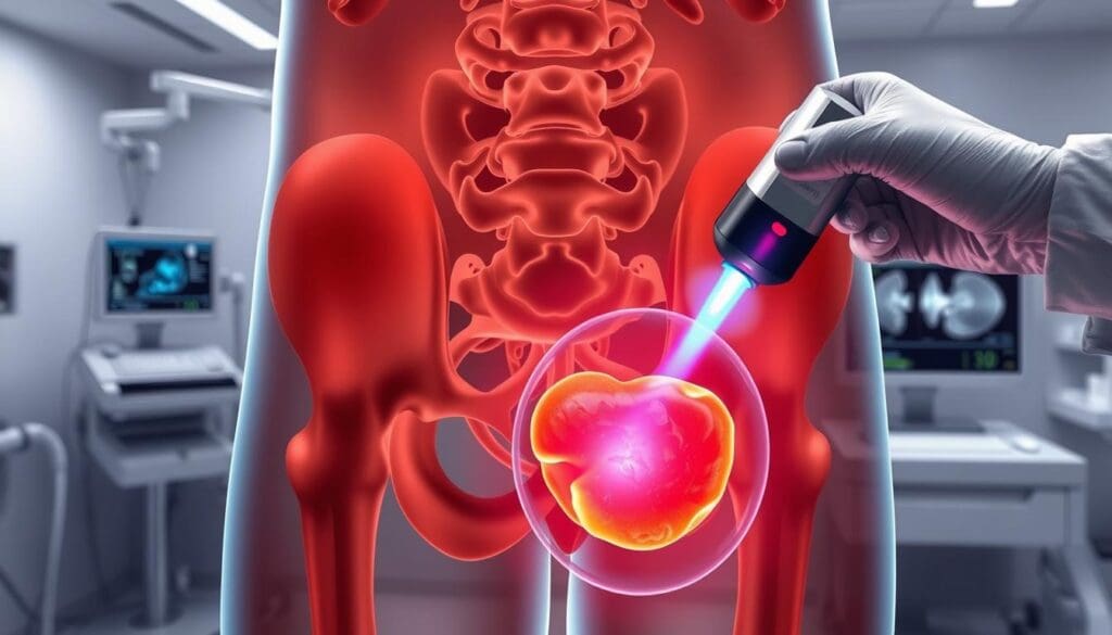 A detailed medical illustration depicting a laser procedure for an enlarged prostate. The foreground shows a human pelvis with the prostate gland highlighted, surrounded by a clear gel. A high-powered medical laser is visible, emitting a focused beam of light precisely targeting the enlarged prostate tissue. The middle ground showcases the laser's control panel and a doctor's hand guiding the laser instrument. The background features a clean, sterile medical environment with specialized equipment and diagnostic screens displaying relevant data. The lighting is crisp and clinical, emphasizing the precision and care of the procedure. The overall mood conveys a sense of professionalism, technology, and the therapeutic treatment of a common men's health issue.