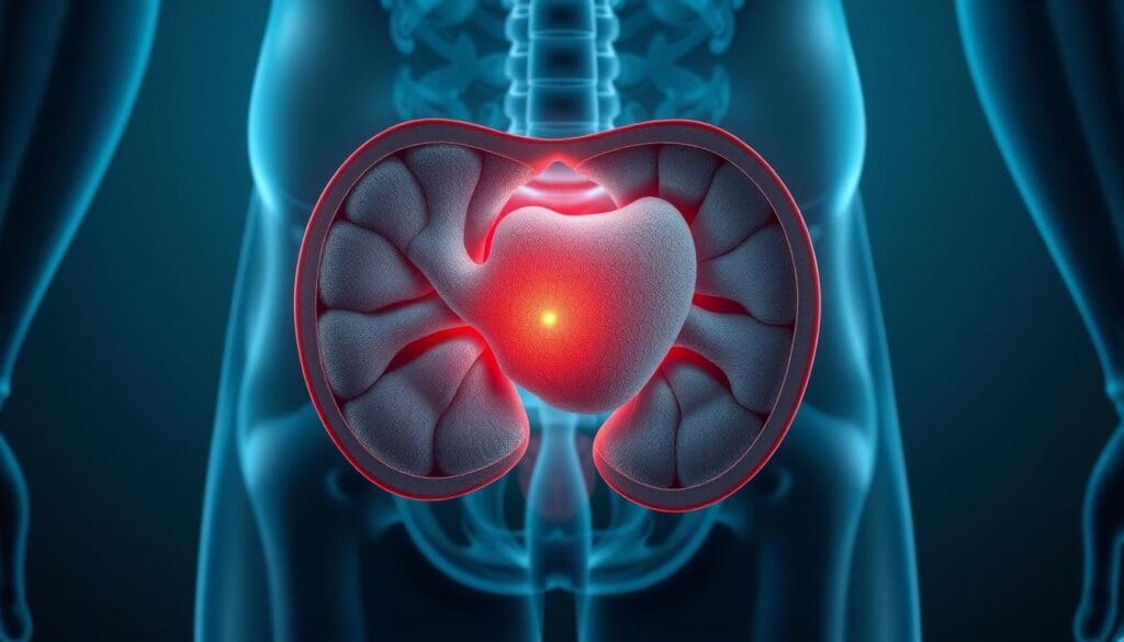 A detailed cross-section of an enlarged human prostate gland, highlighting the benign hyperplasia condition. The image should be a high-quality, medically accurate illustration, rendered with photorealistic lighting and textures. The prostate should be prominently featured in the center, surrounded by the pelvic anatomy in muted tones. Subtle blue and green hues should create a clinical, scientific atmosphere. The lighting should be soft and directional, casting subtle shadows to accentuate the three-dimensional form. The overall composition should be balanced and informative, serving to educate the viewer about the nature of benign prostatic hyperplasia.
