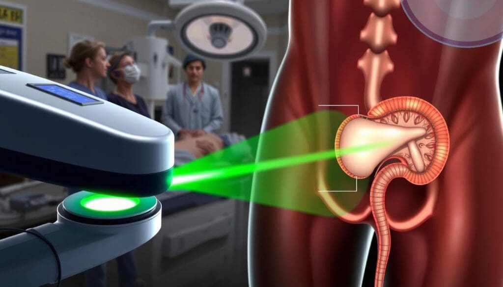 A detailed medical illustration showcasing a Greenlight Laser Prostatectomy procedure. In the foreground, a close-up view of the surgical laser device, its green beam of light illuminating the treatment area. In the middle ground, a cross-sectional diagram of the male pelvic region, highlighting the prostate gland and its relationship to surrounding structures. The background depicts a surgical suite, with medical equipment and a team of healthcare professionals observing the procedure. The image conveys a sense of precision, expertise, and the advanced technology employed in this minimally invasive treatment for an enlarged prostate.