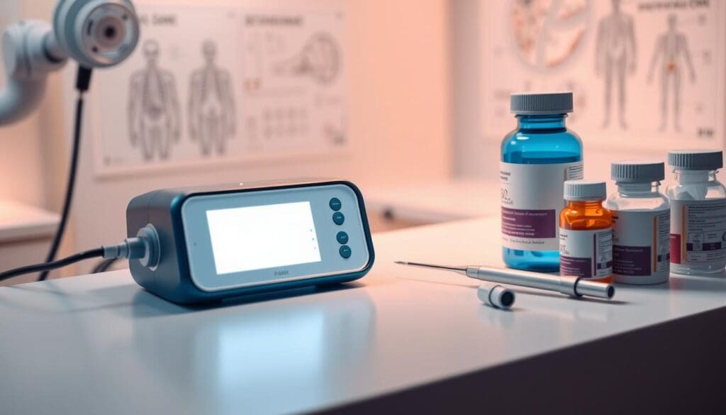 A high-resolution, photorealistic image of various treatment options for benign prostatic hyperplasia (BPH), including a Greenlight laser prostatectomy device, a surgical probe, and medication bottles. The scene is set in a modern medical clinic, with a clinical yet warm lighting illuminating the devices on a clean, sterile white surface. The background features subtle medical diagrams or illustrations to provide context. The overall mood is informative and authoritative, conveying the seriousness and importance of BPH treatment options.