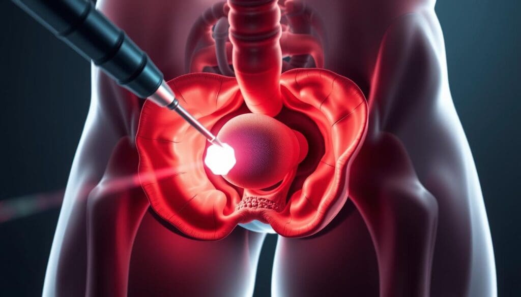 A detailed, high-resolution medical illustration depicting a cross-section of the male pelvic region during a prostate laser surgery procedure. The scene shows the intricate anatomy of the prostate gland, bladder, and surrounding tissues, with the laser device precisely focused on the prostate. The image should convey a sense of technical precision, utilizing a neutral color palette and clean, clinical lighting to highlight the surgical nature of the procedure. Depth of field and lighting should emphasize the focal point of the laser, creating a sense of depth and technical complexity. The overall impression should be one of a state-of-the-art, minimally invasive medical intervention.