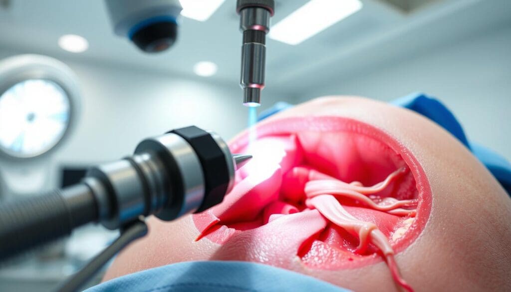 Detailed close-up view of a minimally invasive laser prostate surgery procedure. The foreground shows the surgical instruments and laser device precisely targeting the prostate gland. The middle ground depicts the patient's anatomy with a cross-section view, revealing the internal structures. The background has a clean, sterile medical environment with bright, even lighting illuminating the surgical site. The overall scene conveys a sense of technical precision, clinical expertise, and advanced medical technology applied to this delicate urological procedure. Detailed close-up view of a minimally invasive laser prostate surgery procedure. The foreground shows the surgical instruments and laser device precisely targeting the prostate gland. The middle ground depicts the patient's anatomy with a cross-section view, revealing the internal structures. The background has a clean, sterile medical environment with bright, even lighting illuminating the surgical site. The overall scene conveys a sense of technical precision, clinical expertise, and advanced medical technology applied to this delicate urological procedure.