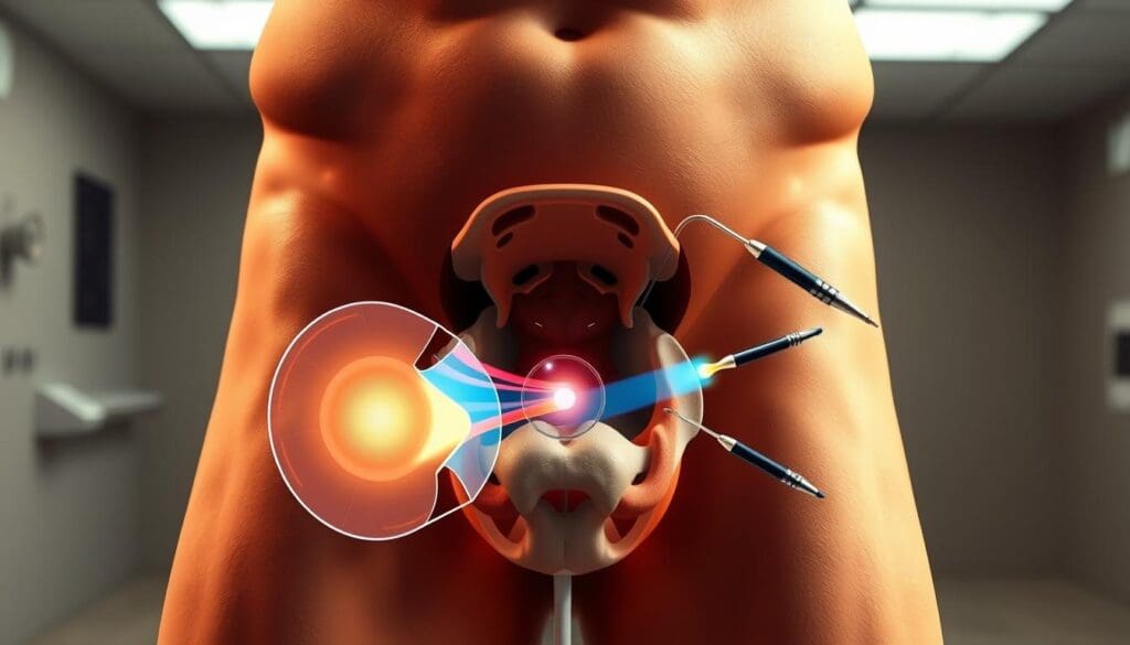A cross-sectional view of the male pelvis, showcasing the prostate gland and the various prostate ablation techniques. The scene is illuminated by a warm, clinical lighting, casting subtle shadows that highlight the intricate anatomy. The foreground features a detailed illustration of the prostate, with clear delineation of the different zones and the target area for ablation. The middle ground showcases various medical instruments, such as catheters and energy delivery devices, poised for the procedure. The background is a clean, sterile environment, with a sense of medical precision and expertise. The overall mood is one of informative clarity, guiding the viewer through the technical aspects of prostate ablation for the treatment of benign prostatic hyperplasia (BPH). A cross-sectional view of the male pelvis, showcasing the prostate gland and the various prostate ablation techniques. The scene is illuminated by a warm, clinical lighting, casting subtle shadows that highlight the intricate anatomy. The foreground features a detailed illustration of the prostate, with clear delineation of the different zones and the target area for ablation. The middle ground showcases various medical instruments, such as catheters and energy delivery devices, poised for the procedure. The background is a clean, sterile environment, with a sense of medical precision and expertise. The overall mood is one of informative clarity, guiding the viewer through the technical aspects of prostate ablation for the treatment of benign prostatic hyperplasia (BPH).