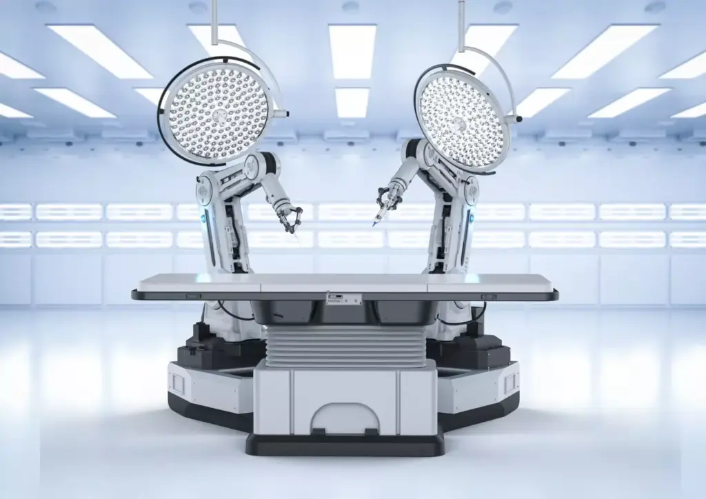 A pristine, highly detailed surgical robot stands center stage, its sleek robotic arms poised for precision. The da Vinci Xi system's articulated instruments gleam under crisp, evenly-lit studio lighting, conveying the cutting-edge technology that has revolutionized minimally invasive surgery. The robot's bold, angular frame is balanced against a clean, immaculate background, emphasizing its advanced engineering and the evolution of robotic surgical capabilities. Subtle reflections on the polished surfaces add depth and dimensionality, while a slight low-angle perspective heightens the imposing, futuristic presence of this groundbreaking medical innovation.
