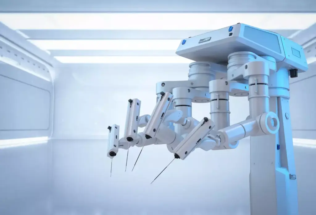 A highly detailed, photorealistic image of the latest robotic surgery technology. In the foreground, a state-of-the-art robotic surgical arm with precision instruments, surrounded by a sleek, modern control console. In the middle ground, a surgical theater with gleaming medical equipment and a minimally invasive operating table. The background features a futuristic hospital setting, with large windows letting in warm, diffused lighting that casts soft shadows. The overall scene conveys a sense of advanced medical innovation, cutting-edge engineering, and patient-centered care. A highly detailed, photorealistic image of the latest robotic surgery technology. In the foreground, a state-of-the-art robotic surgical arm with precision instruments, surrounded by a sleek, modern control console. In the middle ground, a surgical theater with gleaming medical equipment and a minimally invasive operating table. The background features a futuristic hospital setting, with large windows letting in warm, diffused lighting that casts soft shadows. The overall scene conveys a sense of advanced medical innovation, cutting-edge engineering, and patient-centered care.