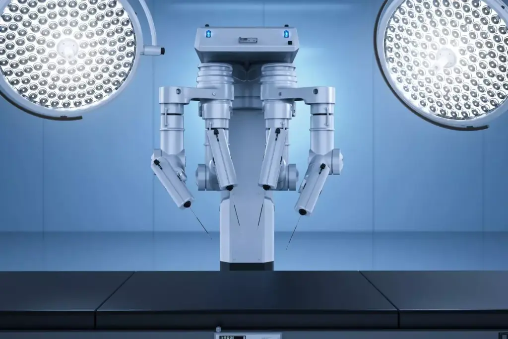A sophisticated robotic surgical system, the Da Vinci System stands tall in a sterile, well-lit operating room. Its sleek, metallic frame houses a network of precision instruments, meticulously engineered to assist skilled surgeons. The robotic arms extend outward, ready to perform complex procedures with unparalleled dexterity and control. The system's advanced cameras and displays provide a comprehensive view of the surgical site, allowing for enhanced visualization and improved patient outcomes. Ambient lighting casts a warm, focused glow, highlighting the machine's technological prowess. The Da Vinci System embodies the perfect fusion of human expertise and cutting-edge robotics, redefining the future of modern surgery. A sophisticated robotic surgical system, the Da Vinci System stands tall in a sterile, well-lit operating room. Its sleek, metallic frame houses a network of precision instruments, meticulously engineered to assist skilled surgeons. The robotic arms extend outward, ready to perform complex procedures with unparalleled dexterity and control. The system's advanced cameras and displays provide a comprehensive view of the surgical site, allowing for enhanced visualization and improved patient outcomes. Ambient lighting casts a warm, focused glow, highlighting the machine's technological prowess. The Da Vinci System embodies the perfect fusion of human expertise and cutting-edge robotics, redefining the future of modern surgery.