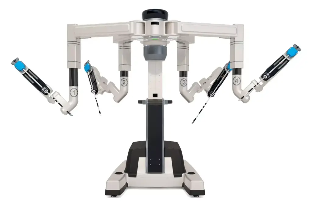 A detailed and high-resolution engineering diagram showcasing the core components of the Da Vinci Surgical System. The image features a clean, technical illustration with a neutral color palette, bright overhead lighting, and a plain white background. In the foreground, the key instruments such as the surgeon's console, patient-side robot, and control tower are prominently displayed. The middle ground reveals the intricate mechanics and inner workings of these components, including the robotic arms, cameras, and other specialized tools. The background offers a sense of scale, highlighting the overall size and complexity of the Da Vinci system. The composition emphasizes the precision, sophistication, and innovative nature of this state-of-the-art robotic surgery platform.
