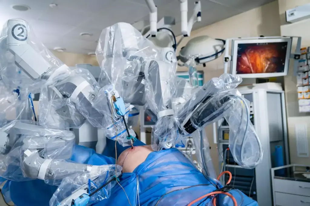 A meticulously detailed view of a robotic-assisted surgical procedure, showcasing the precision and advanced technology of the Da Vinci Robotic Surgery System. In the foreground, a robotic arm with articulated joints and delicate instruments hovers over an open surgical site, its movements guided by a skilled surgeon at a nearby console. The middle ground reveals the sleek, futuristic design of the robotic system, with its multiple cameras and sensors providing the surgeon with a magnified, high-definition view of the operation. The background is dimly lit, creating a sense of focus and intensity, as the surgical team works in perfect harmony with the cutting-edge technology to deliver unprecedented levels of precision and control during this complex medical procedure.