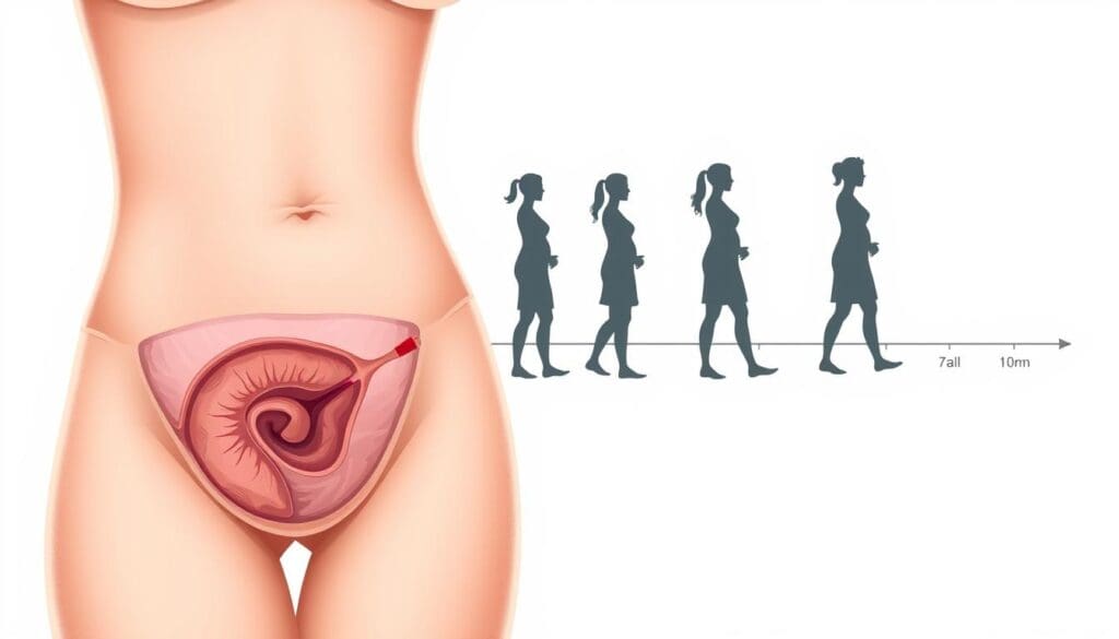 Detailed medical illustration depicting the stages of hysterectomy recovery timeline, with a clean and scientific aesthetic. In the foreground, a cross-sectional view of the lower abdomen showing the healing incision site. In the middle ground, a series of silhouetted figures representing the patient's progress from immediately post-surgery to full recovery, positioned along a timeline. The background features a neutral, light-colored gradient, allowing the medical visuals to take center stage. Realistic textures, subtle highlights, and a muted color palette convey a sense of professionalism and authority suitable for a medical article.