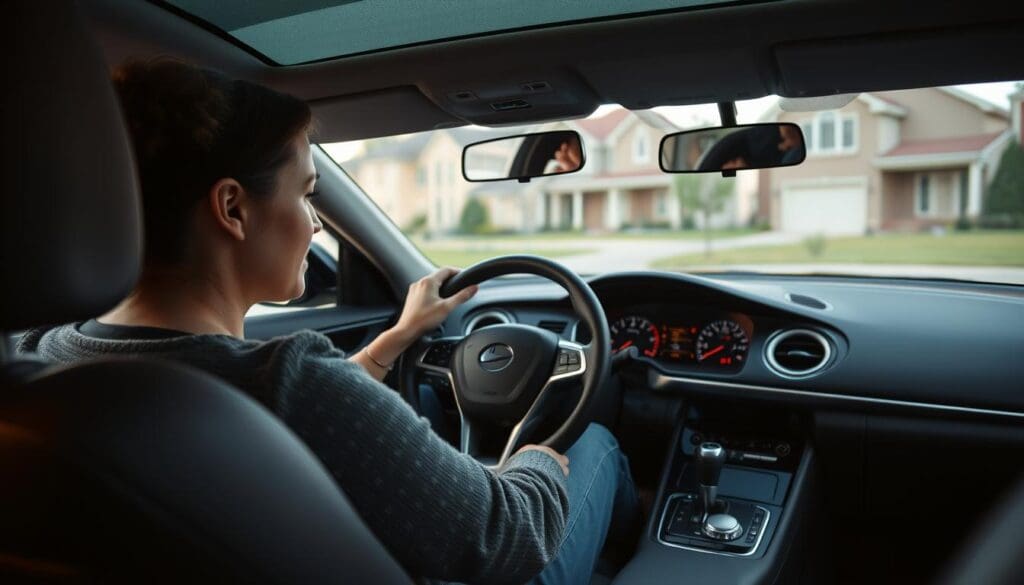 A woman carefully navigating her car, post-hysterectomy, hands gripping the steering wheel with caution. The interior of the vehicle is well-lit, casting a warm glow on her face as she focuses intently on the road ahead. The dashboard displays speed and distance, reminding her to take it easy. The car's exterior is clean and polished, reflecting the surrounding environment - a suburban neighborhood with neatly trimmed lawns and well-maintained homes in the background. The mood is one of calm and concentration, as the woman regains her confidence behind the wheel after her recent medical procedure.