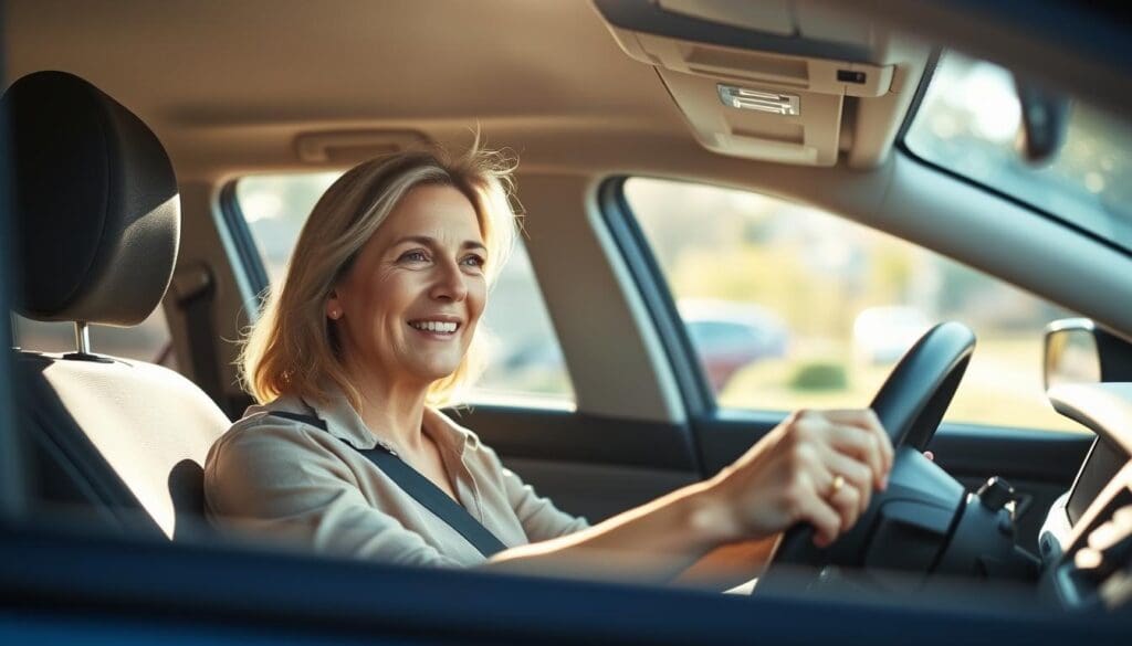 A woman sitting comfortably in the driver's seat of her car, her hands lightly gripping the steering wheel. She appears relaxed and focused, her posture upright and confident. The car's interior is well-lit, with natural sunlight streaming in through the windshield, creating a warm and soothing atmosphere. The dashboard and controls are visible, suggesting the woman's familiarity with the vehicle. The background blurs gently, with the suggestion of a suburban neighborhood or city street visible through the windows. The image conveys a sense of recovery, as the woman's expression and demeanor indicate her ability to resume normal daily activities after a hysterectomy procedure.