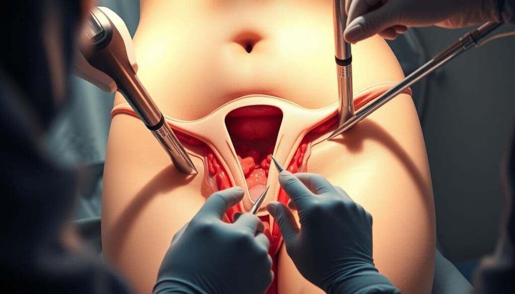 A detailed laparoscopic hysterectomy procedure, performed in a modern surgical suite. Bright, diffuse lighting illuminates the surgical field, revealing the patient's lower abdomen and pelvis. Surgical instruments including trocars, graspers, and energy devices are visible, manipulated by skilled hands of the surgical team. The uterus is clearly visible, with the fallopian tubes and ovaries in the background. A minimally invasive approach is used, with small incisions allowing access for the laparoscope camera and instruments. The mood is focused, with a sense of precision and care as the team works to safely remove the uterus. Realistic, highly detailed medical illustration.