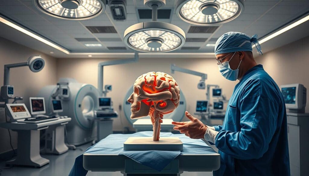 A pristine, well-lit operating room, with a prominent surgical console at the center. On the console, a detailed 3D anatomical model of the human head hovers, rendered in vivid detail. A surgeon, clad in sterile blues, intently studies the model, planning their incisions with precision. Behind the console, a vast array of medical imaging equipment - CT scanners, MRI machines, and high-resolution cameras - stand ready to guide the procedure. The room is filled with an air of quiet concentration, the soft hum of machinery underscoring the gravity of the task at hand. Overhead, powerful surgical lights cast a warm, clinical glow, illuminating the scene with a sense of scientific rigor and technological mastery.